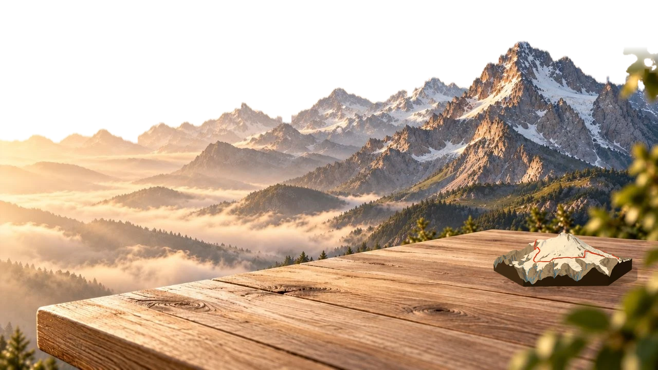 Рельефная 3D-карта горного массива с красной линией маршрута на деревянном столе, за ним горы